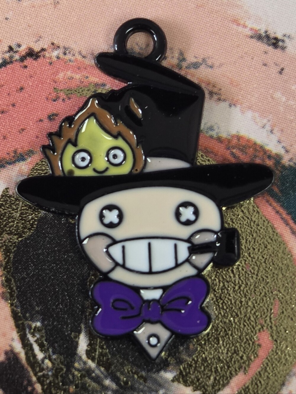 Black Enamel Hat Charm with Purple Bow